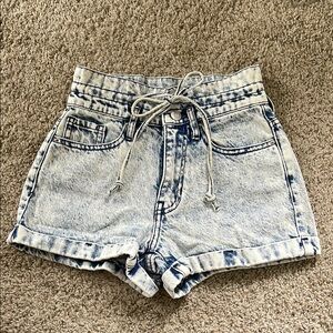Acid Wash Denim Tie High-Waisted Women's Mom Shorts